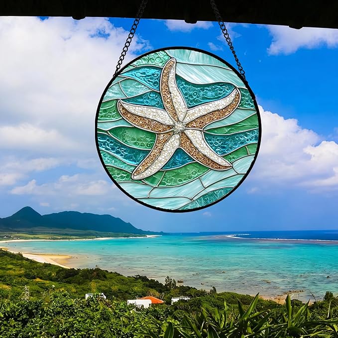 DASTOLL Stained Glass Window Hanging Teal Sea Waves Starfish 6.3" - Suncatcher Door Garden Sun Catcher Home Decor Birthday Mother's Day for Mom Men Woman Parents Her Child Nana