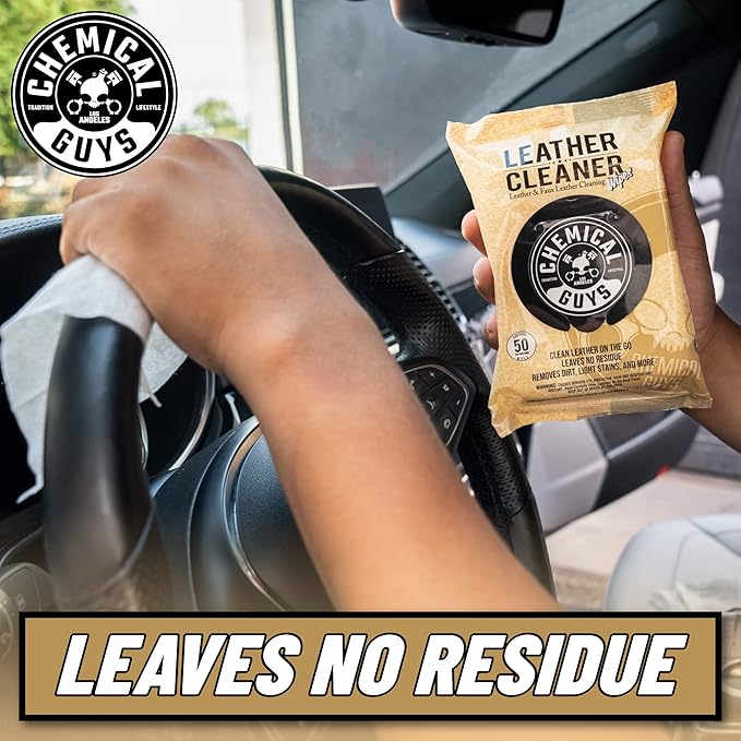 Chemical Guys Leather Cleaner Wipes Mega 50 Pack - Interior Leather Wipes for Cars, Natural, Synthetic, Faux & Pleather Surfaces, Safe for Cars, Trucks, Furniture, Boots & More, Convenient 50 Count