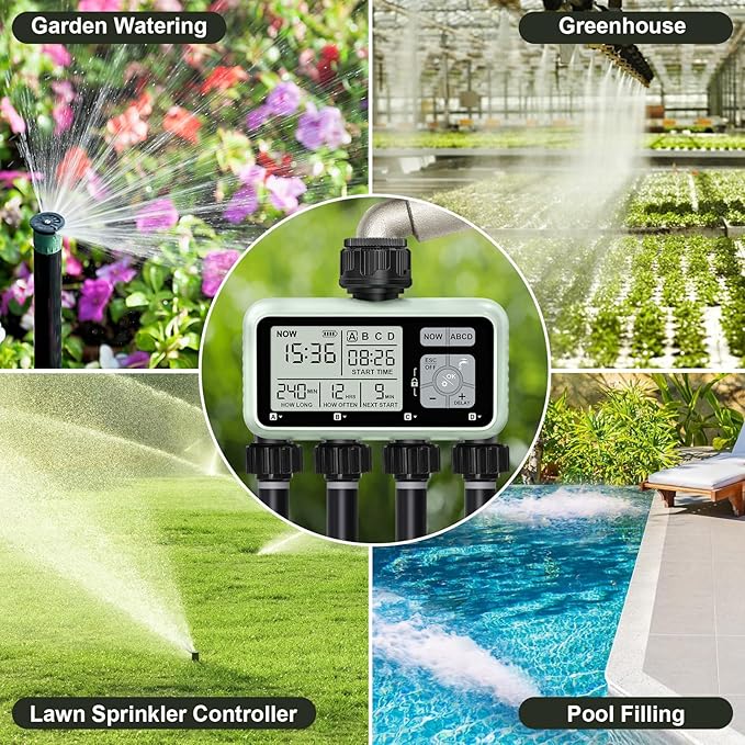 Watering Timer 4 Zone, Sprinkler Timer,Programmable Garden Outdoor Hose Faucet Timer with Rain Delay/Manual/Automatic Watering System,Water Hose Irrigation Timers 4 Outlet for Garden