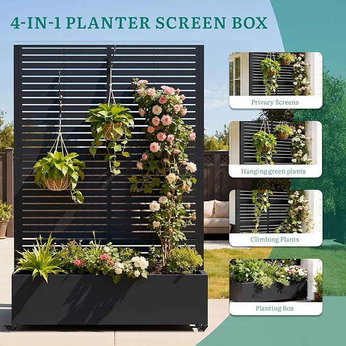 Metal Planter Box with Trellis, Galvanized Steel Raised Garden Bed with Privacy Screen, Lockable Casters, 73"x47"x16" Planter with Drainage Holes for Outdoor Climbing Plants, Vegetables, Patio