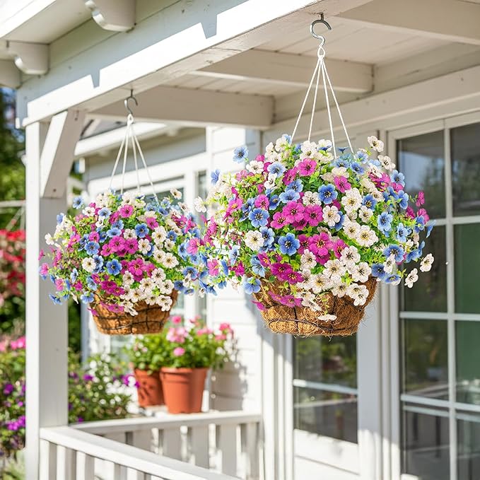 Artificial Spring Flowers Outdoors UV Resistant Plastic Flowers Outdoors Faux Flowers Fake Plants Outside for Garden Porch Planters Silk Flowers Daisy Decor, 6 Bundles (Mix White Blue Purple)