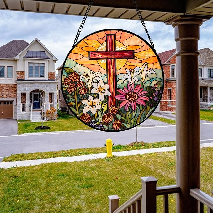 JOSUMALY Christian Gifts for Women - Cross Stained Glass Window Hanging Easter Flower Sunset Landscape Sun Catcher Garden Religion Decor Mother's Day Catholic Gift for Men Grandma Mom Her Nana 7.8"