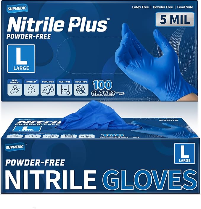 Disposable Nitrile Gloves, 5Mil Chemical Resistant Powder-Free Latex-Free Glove Exam Cook Tattoo, Black Blue 100Pcs