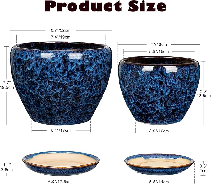 Hollyone 9+7 Inch Ceramic Planter Set of 2 Blue Ceramic Plant Pot for Plants Flowers with Drainage Hole and Saucers Ceramic Glaze Round Plant Pot Indoor Outdoor Large Succulent Orchid Flower Pot