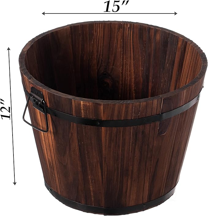 Rustic Wooden Whiskey Barrel Planter with Durable Medal Handles and Drainage Hole - Perfect for Indoor and Outdoor Plants, Herbs, and Vegetables - Medium