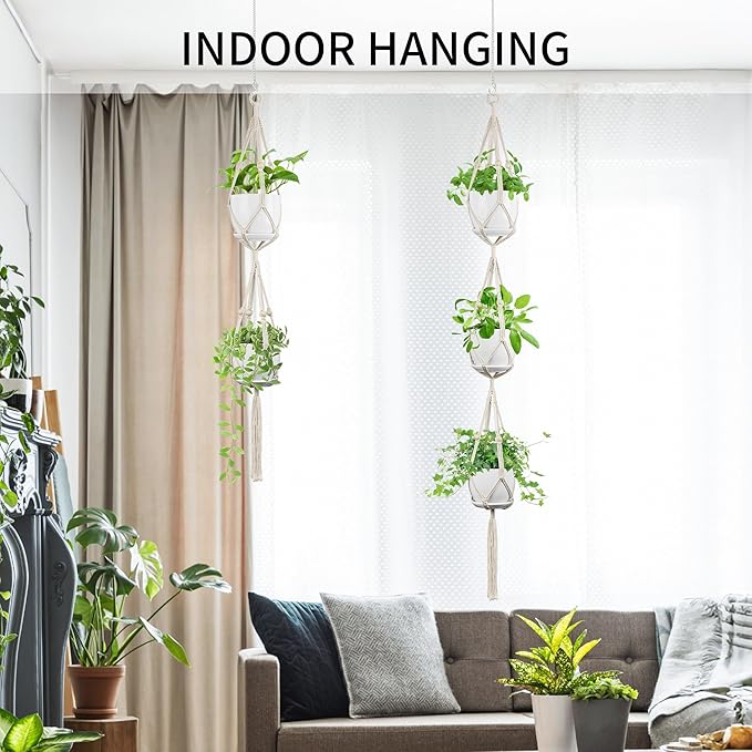 IDEEEPAN Macrame Plant Hanger - Fits 4 to 8 inches Pots for Indoor Outdoor, 49"/72" 2 Sizes Set, Ivory (POTS NOT Included)