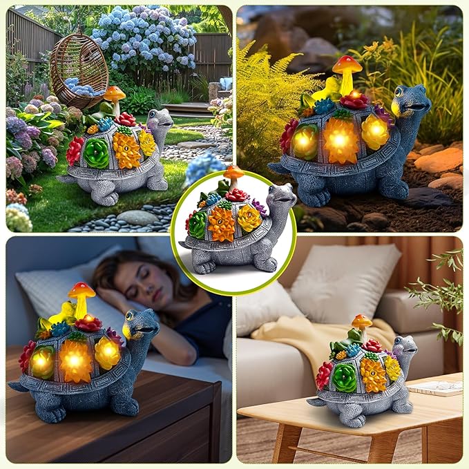 CNPOLOOK Solar Garden Outdoor Statues Turtle with Succulent and 9 LED Lights - Lawn Decor Tortoise Statue for Patio, Balcony, Yard Ornament - Unique Housewarming Gifts（8.5 Inch）