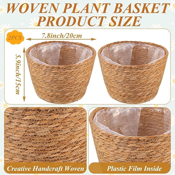 2PCS Seagrass Plant Basket for Indoor and Outdoor,Wicker Planter Basket with Liner for 6 inch Pot,Indoor Plant Pot Covers for Potted Plants, Rattan Storage Baskets for Rustic Boho Farmhouse Decor