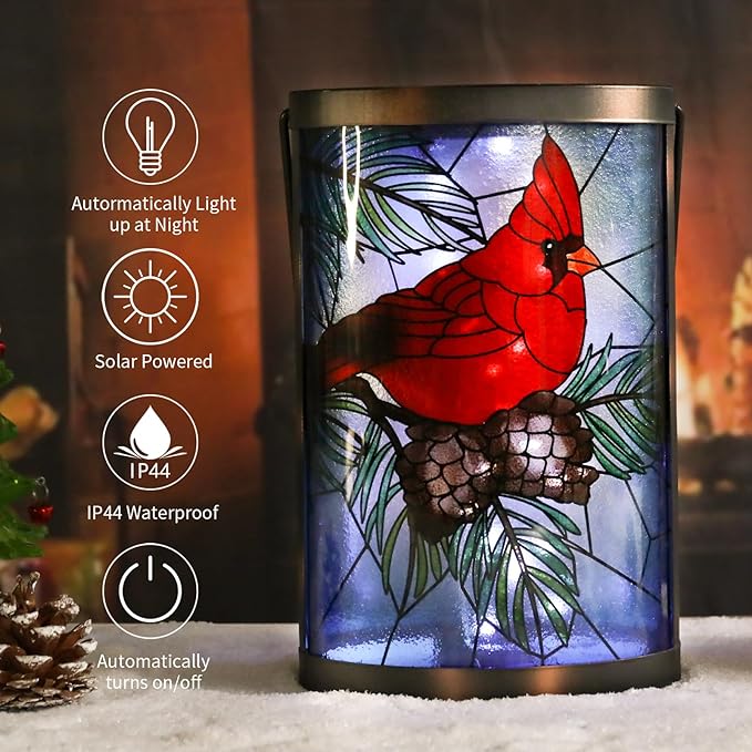Afirst Christmas Solar Lantern - Cardinal Decorative Glass Solar Lights Outdoor Waterproof Tabletop Lamp for Garden Yard Patio Decor