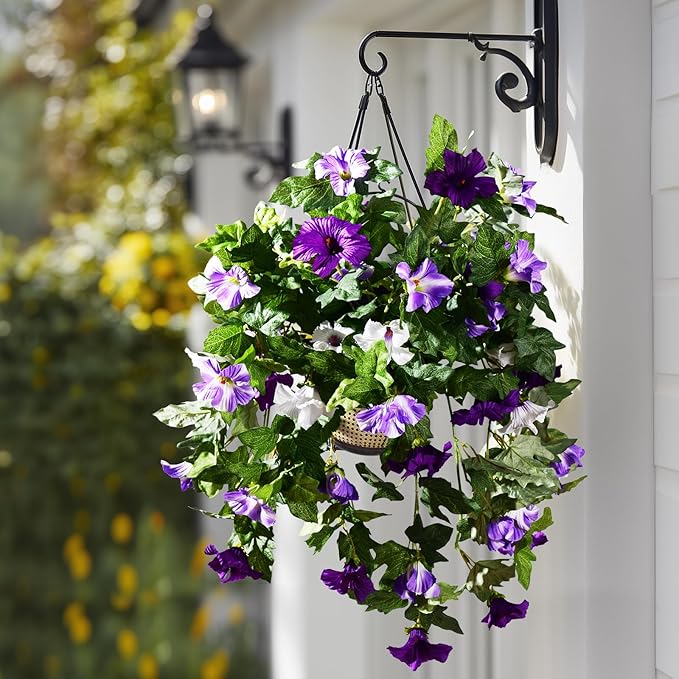 Artificial Morning Glory Flowers Plants for Outdoor 2Pcs Faux Silk Petunias Flower Realistic Faux Flowers Plants for Outside Planter Porch Yard Patio Balcony Home Indoor Decor (2 Pcs Purple)