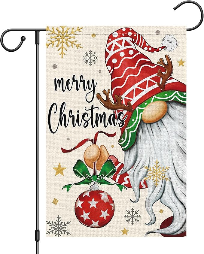 Heyfibro Merry Christmas Gnome Garden Flag 12x18 Double Sided Burlap, Christmas Ball Snowflake Garden Yard Flags for Winter Holiday Xmas Yard Outdoor Decoration(ONLY FLAG)