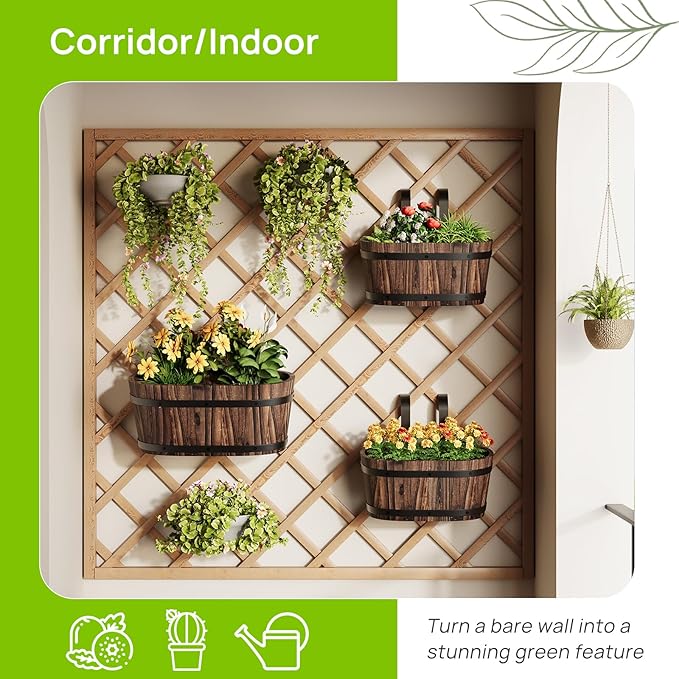 Wooden Hanging Planter for Railing Fence Outdoor Planter Railing Planter Boxes for Plants Wall Planters Window Flower Box Hanging Bucket Pots Countryside Plant Holder (Carbonized,2pcs,Large)