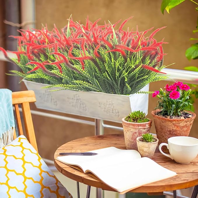 Grunyia 10 Bundles Artificial Plants Outdoor Fake Grass with Flowers UV Resistant Greenery Garden Porch Window Box Decorating (Red)