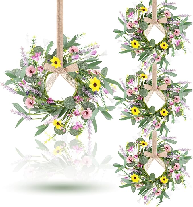 4 Pcs 9" Mini Spring Summer Flowered Wreath Floral Wedding Candle Rings Wreaths Kitchen Cabinet Wreaths with Ribbon for Pillars Wedding Table Centerpiece Farmhouse Party Home Door All Seasons Decor