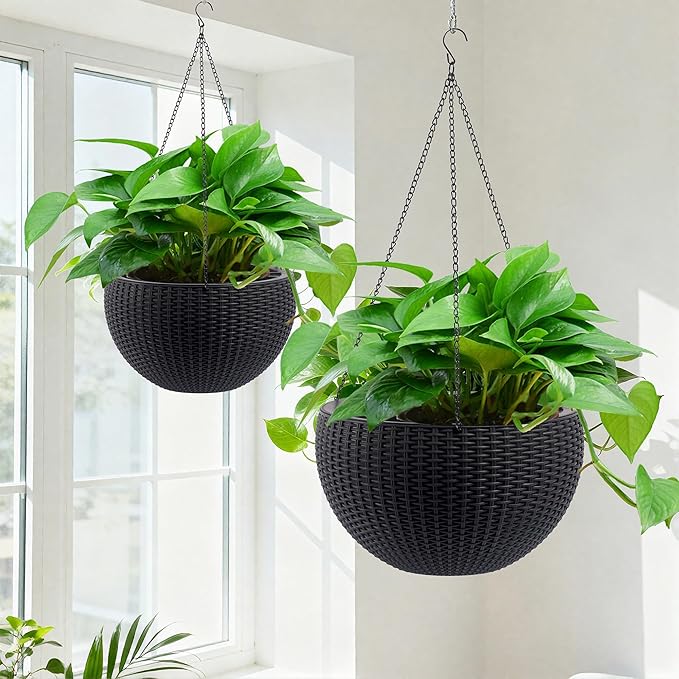 Vigo huseeo 13.5 inch 2Pack Large Hanging Planters for Outdoor/Indoor Plants, Self Watering Hanging Pot with Water Level Indicato, Drainage Holes and Chain for Garden Porch, Black