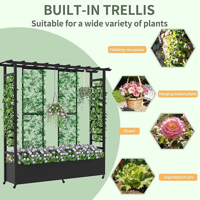 Raised Garden Bed with Trellis & Hanging Roof, Weatherproof Metal Planter Box with Wheels, Garden Arch Trellis for Outdoor Climbing Plants Vines Flowers, 74" H x 77" L x 17" W, Black