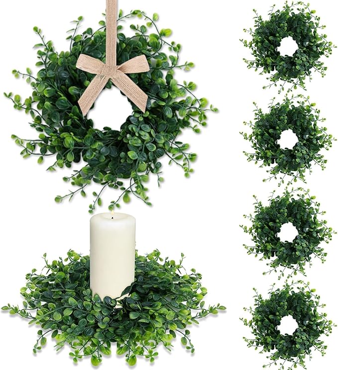 6 Pcs Mini Green Boxwood Candle Rings Wreaths Green Kitchen Cabinet Wreath 3 Inch Wedding Candle Holder for Front Door Porch Outside All Season Wedding Home Tabletop Decoration