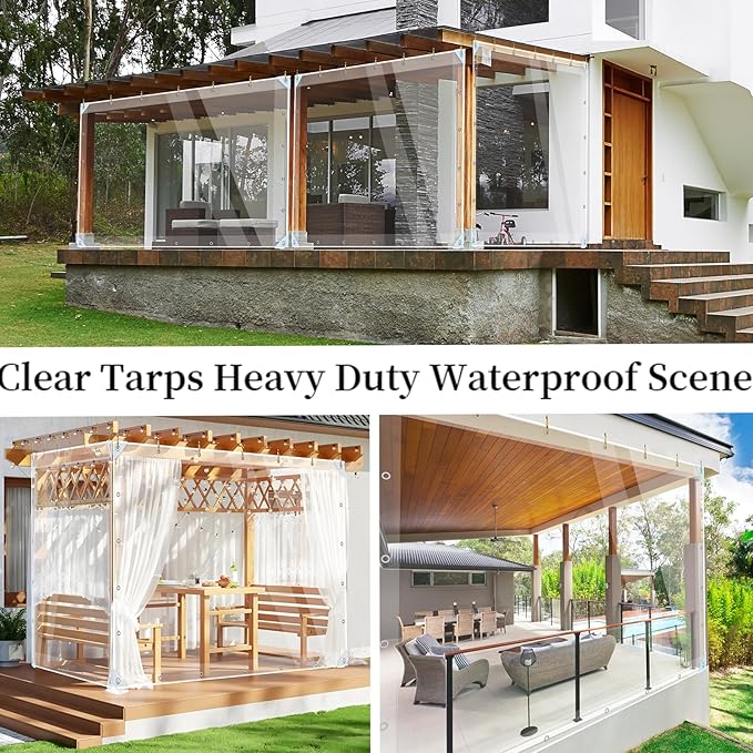 Clear Tarps Heavy Duty Waterproof, 10x10ft Clear PVC Tarp 14mil Thickened Tear Resistant Clear Tarps with Grommets for Patio Garden Plant Cover Shed Cloth