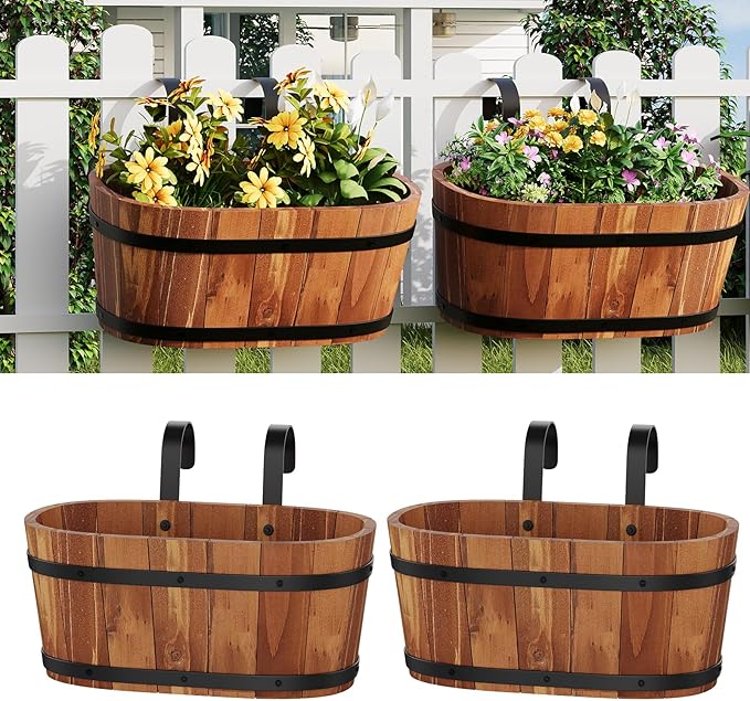 Wooden Hanging Planter for Railing Fence Outdoor Planter Railing Planter Boxes for Plants Wall Planters Window Flower Box Hanging Bucket Pots Countryside Plant Holder (Brown,2pcs,Large)