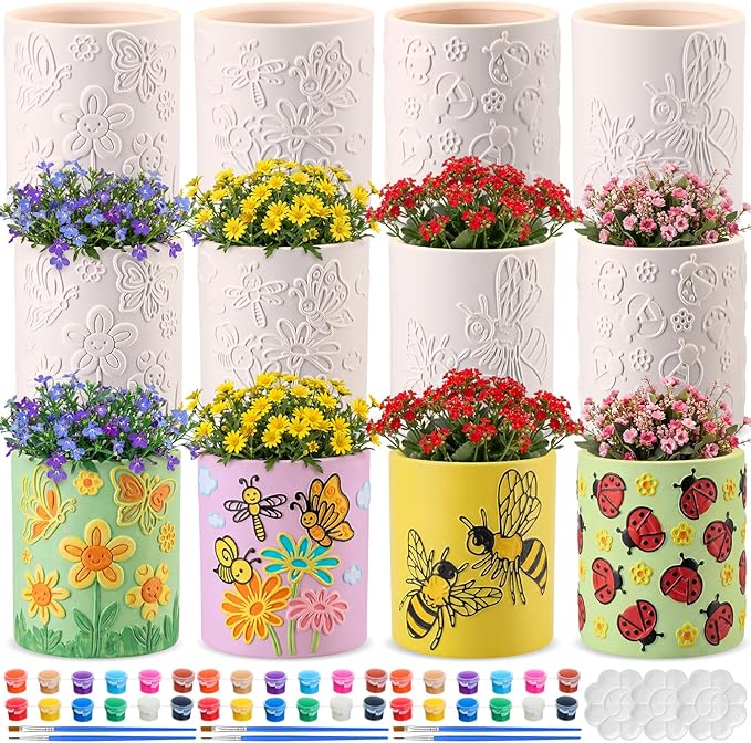Zubebe 12 Pcs Spring Paint Your Own Insect Ceramic Pots Bulk Unfinished Succulent Pots Painting Kit with Drainage Hole Mini Paintable Plant Vase Ready to Paint Planter for Spring Garden DIY Craft