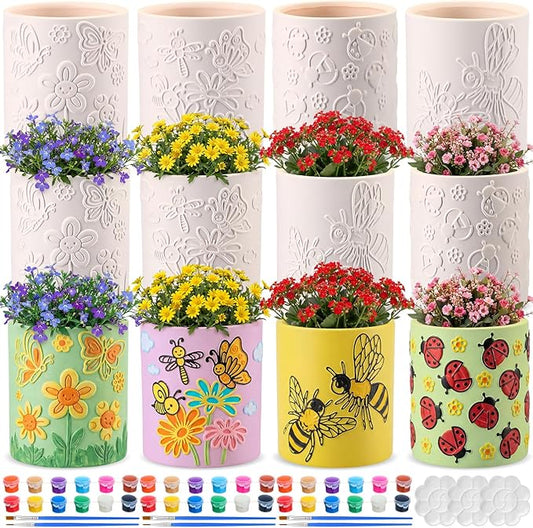 Zubebe 12 Pcs Spring Paint Your Own Insect Ceramic Pots Bulk Unfinished Succulent Pots Painting Kit with Drainage Hole Mini Paintable Plant Vase Ready to Paint Planter for Spring Garden DIY Craft