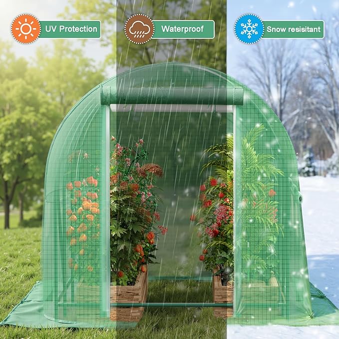 Walk-in Tunnel Greenhouse，Portable Plant Hot Housewith Dual Zippered Screen Doors & 6 Screen Windows Heavy Duty Plastic Plant Warm House with Reinforced Frame (12x7x7 FT)