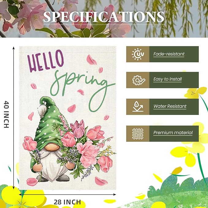 Hello Spring House Flag for Outdoor Gnome with Roses Flowers Yard Flags for Outside,Summer Seasonal Holiday Decorative Flag for Anniversary Wedding Farmhouse Decor 28x40 Inch Double Sided