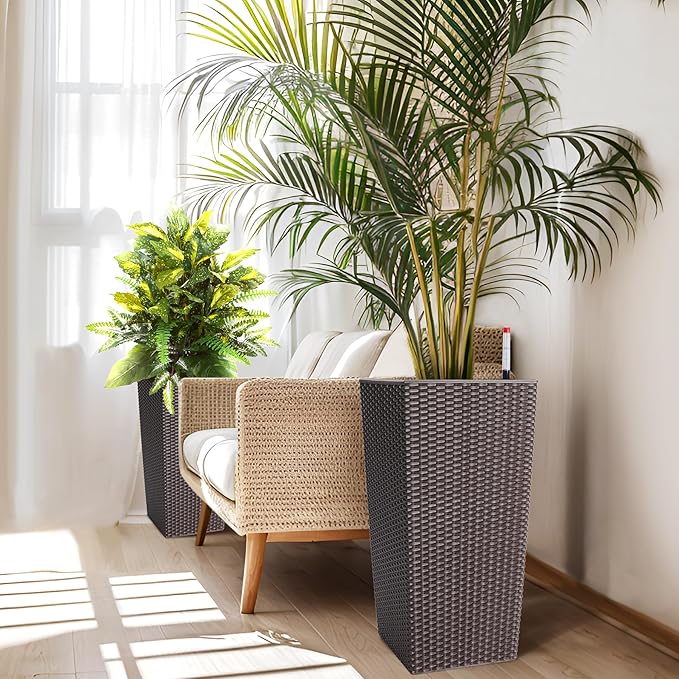 22.5 Inch Tall Planter Set of 2 Large Rattan Flower Pot with 2 Trays & a Water Level Monitor & Wheels Outdoor and Indoor for Patio, Porch, Living Room, or Home Office, Dark Brown