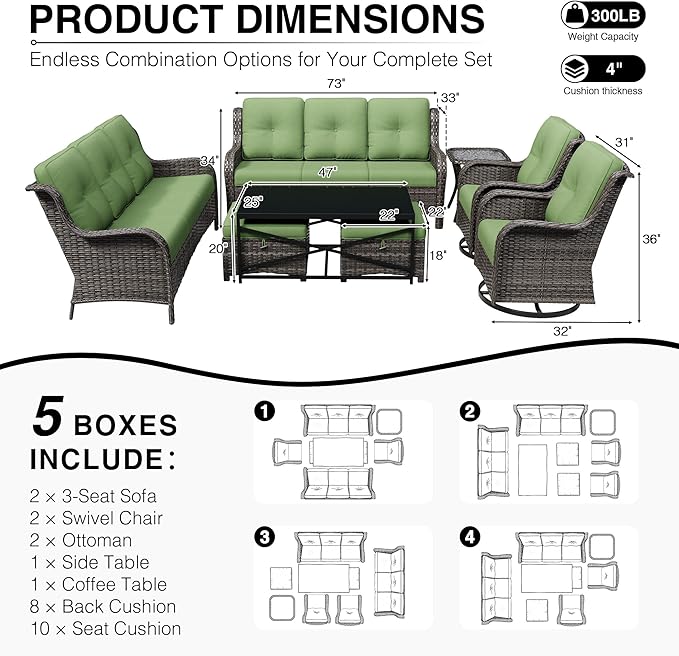 Joyside 8 Piece Wicker Patio Furniture Set, Outdoor Swivel Rocker Patio Chairs with High Back, Deep Seating, Wide Armrest, Thickened Cushions, Outdoor Furniture for Deck, Porch Use