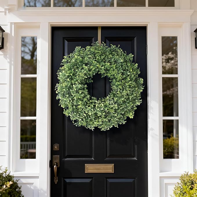 26" Artificial Boxwood Wreath for Front Door - Large Faux Aglaia Odorata Wreath, Fake Eucalyptus Leaves Plants for Wall Window Farmhouse Outdoor Decor - Spring, Summer, All Seasons (Green)