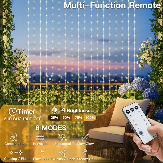 suddus Tangle-Free Curtain Lights,200 LED 6.5x6.5ft Hanging Lights with Hooks, Curtain Lights for Bedroom,Christmas, Dorm, Wall, Backdrop, Window, Wedding, Party, Birthday Decor, Warm White
