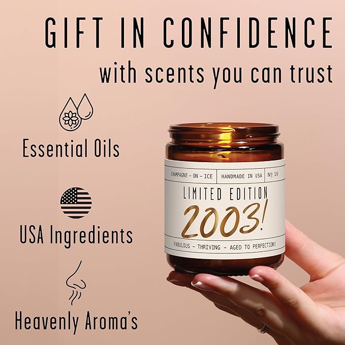23rd Birthday Gifts for Women - 'Limited Edition 2003' Soy Candle, w/Champagne on Ice I 23th Birthday Gift for Her Ideas I 9oz Reusable Jar, 50Hr Burn, Made in USA
