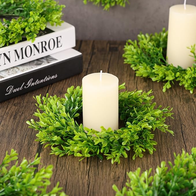 6 Pcs Artificial Boxwood Candle Rings Wreaths Mini Green Kitchen Cabinet Wreath Table Centerpieces Spring Summer Wreaths for Front Door Porch Outside All Season Farmhouse Wedding Party Decor