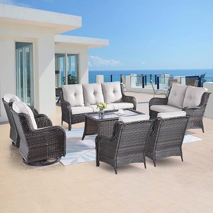Belord Outdoor Furniture Wicker Conversation Sets - 7 Piece Patio Rattan Furniture Sets with Swivel Rocker Chairs Outdoor Sofa for Porch Deck Backyard Brown/Beige