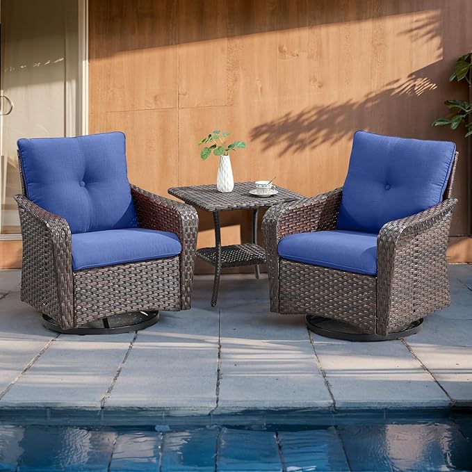 Rilyson Outdoor Patio Swivel Rocker Chairs - 6 PC Wicker Patio Bistro Sets with High Back,Comfy Cushions, Deep Seating and Side Table for Porch Deck Backyard Garden(Brown/Blue)