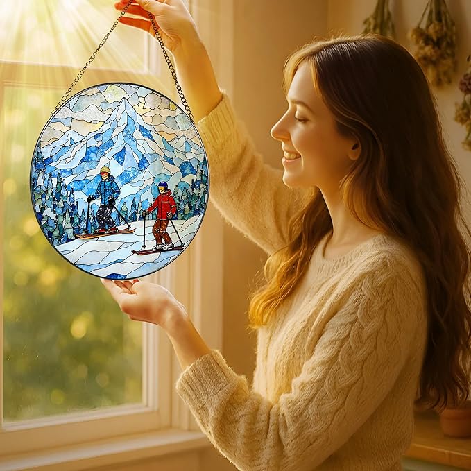 LAOWEIKI 8'' Snowy Mountain Skiers Sun Catcher Ornament, Stained Glass Window Hanging, Sun Catchers for Windows Hanging Ornaments, Window Decor | Ideal Gift, Gift Exchange, Gifts for Skiers