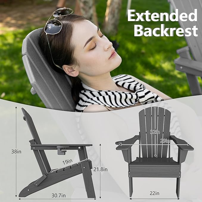 Plawdlik Folding Adirondack Chair, SGS Tested, Wooden Textured with Cup Holder, Heavy All-Weather HDPE Comfortable Set Poolside Backyard Lawn Grey