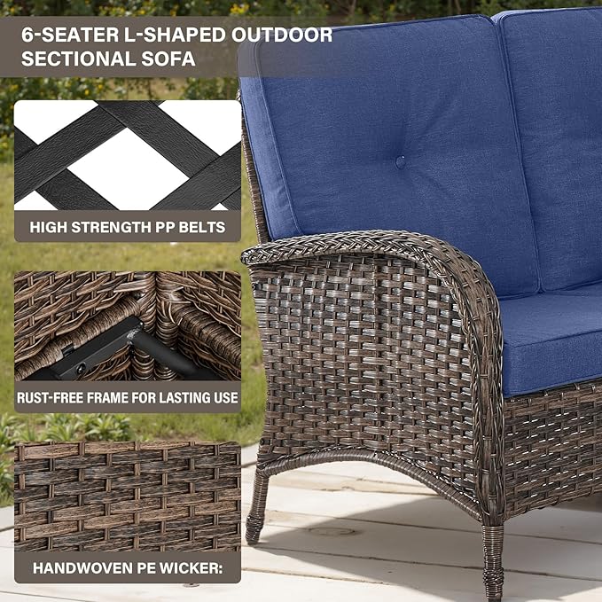 Belord 8 Pieces Patio Conversation Set with 43” Propane Fire Pit Table, Outdoor Sectional Furniture Sofa Set with Removable Blue Cushions for Patio Deck Backyard Brown