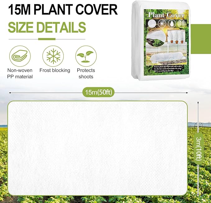 WiMas Plant Covers Freeze Protection, 10X50FT Reusable Thickened Winter Floating Row Covers, Frost Cloth Blanket Shade Cloth Garden Fabric Plant Cover for Raised Beds Vegetables Insect Winter Frost