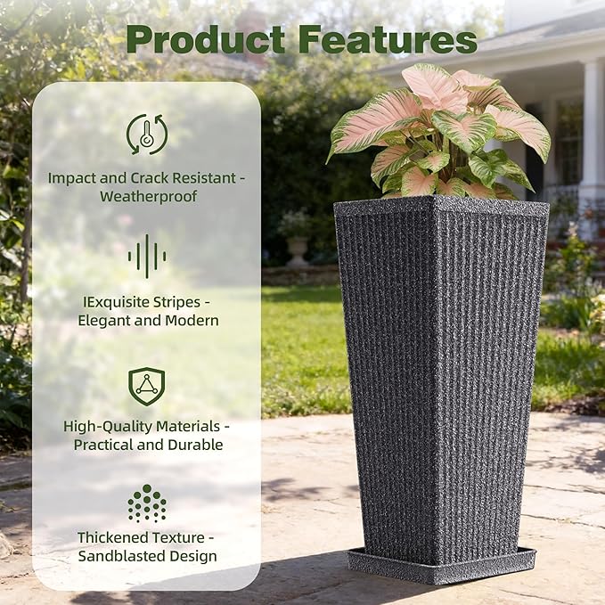Trygoal Square Tall Planters for Outdoor Plants Set of 2-23.6" Heavy-Duty Classic Tapered Indoor Flower Pots with Drainage Holes/Partition/Tray, Large Outdoor Planters for Porch Patio Garden, Grey