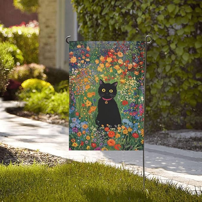 Cat With Flower Garden Flag 12x18 Inch Double Sided All-Weather Polyester Outdoor Flag For Patio Lawn Yard And Garden Welcome Decor