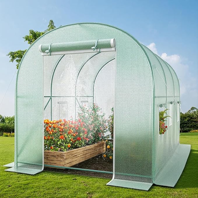12x7x7 Walk-in Greenhouse with Watering System, Heavy Duty Green House for Outdoors, Portable Green Houses for Outside, Winter Hot House with Metal Frame & Roll-up Zipper Door Screen Windows
