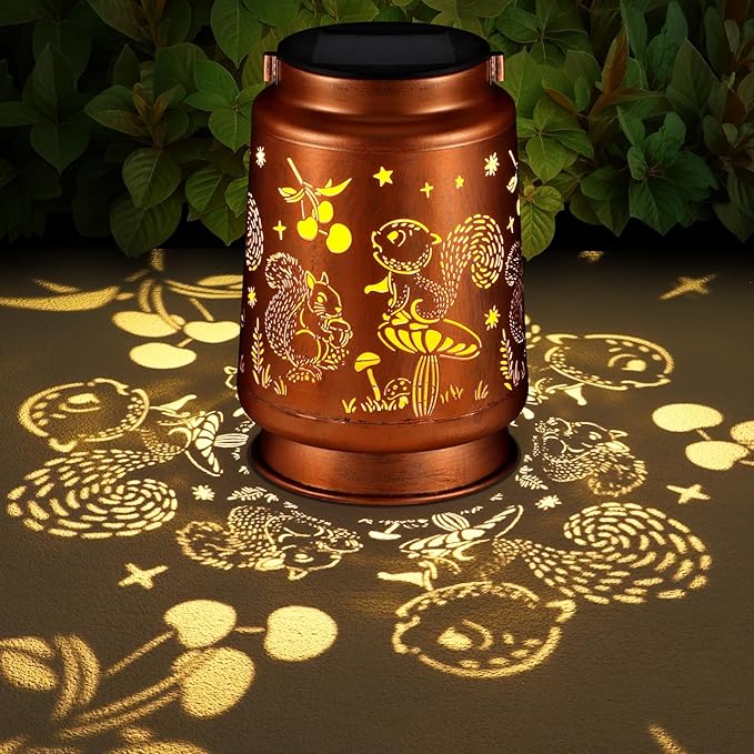 Solar Lantern Outdoor Hanging Waterproof Outside Metal Openwork Hummingbird Pattern Birthday Gifts for Women Mom Landscape Lights for Porch Garden Yard Patio Pathway Decor(Squirrel)