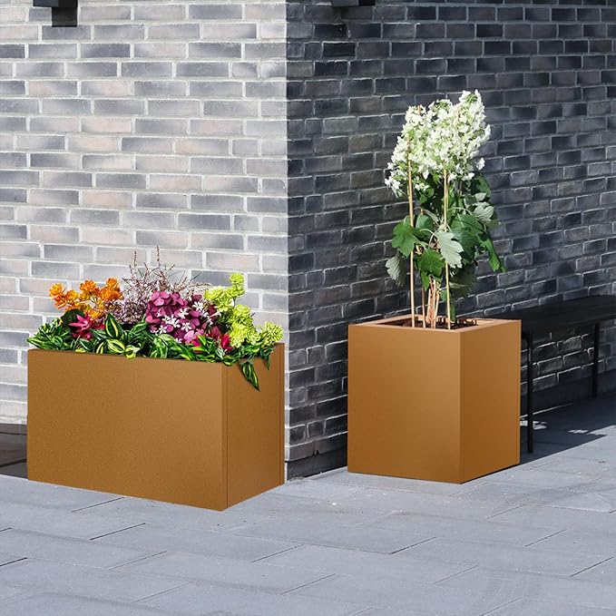 Meyoppm Corten Steel Planter Box 20"x20"x21", Rustic Metal Planter with Partitions & Drainage Holes, Frost Rust Resistant Heavy Duty Planter for Patio Garden Indoor Outdoor Commercial Decor