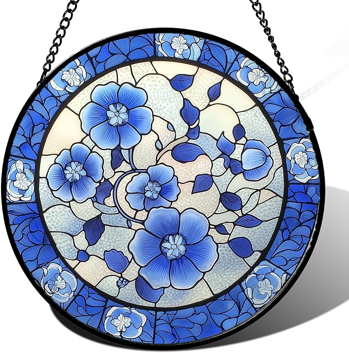 AMDERVEN Stained Glass Window Hanging, Blue and White Plum Blossom Sun Catcher for Door Home Decor Flowers Suncatcher Christmas Mother's Day Birthday Gifts for Women Men Mom and Nana 15 in