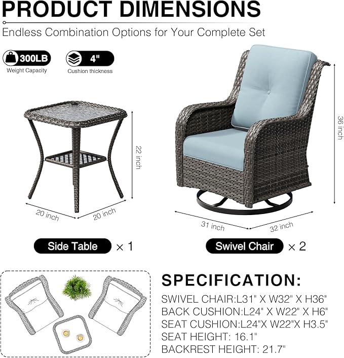 Joyside 3 Piece Wicker Patio Furniture Set, Outdoor Swivel Rocker Patio Chairs with High Back, Deep Seating, Wide Armrest, Thickened Cushions, Outdoor Furniture for Deck, Porch Use