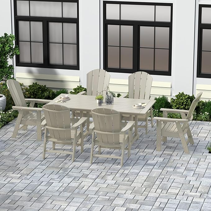 WestinTrends Malibu 7 Piece Adirondack Outdoor Dining Set, All Weather Poly Lumber Patio Table and Chairs Furniture Set, 71" Trestle Dining Table and 6 Adirondack Dining Chair, Sand