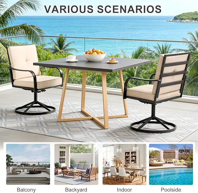 Patio Swivel Chairs Set of 2, Outdoor Swivel Dining Chairs with Thickened Cushions, All Weather Metal Patio Chair for Garden Lawn Porch, Beige