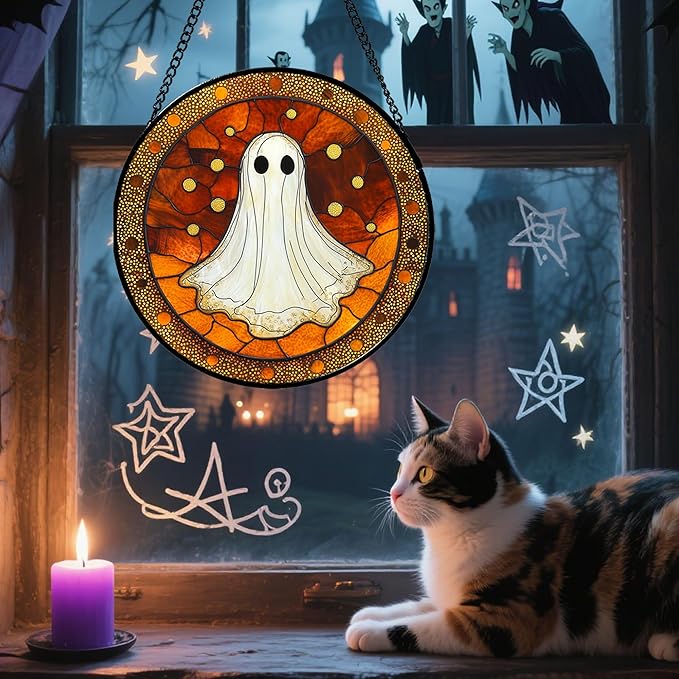 Stained Glass Window Hanging - Halloween Decorations White Ghost Suncatcher for Doors Garden Indoor Spooky Funny Orange Sun Catchers Gothic Decor Horror Gifts for Women Men Friend 11.8 in