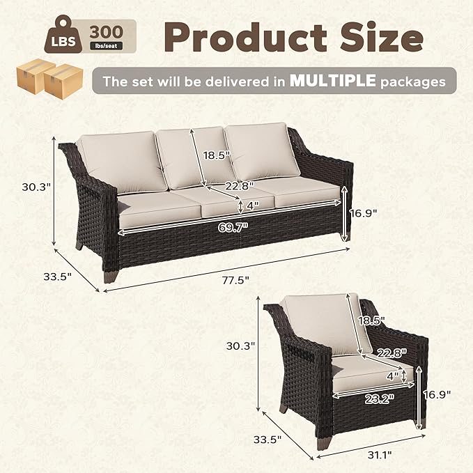 3 Pieces Patio Conversation Furniture Set - 1 Sofa, 2 Armchairs, Outdoor Wicker Furniture with Removable Cushions for Porch, Balcony, Sunroom (Beige)